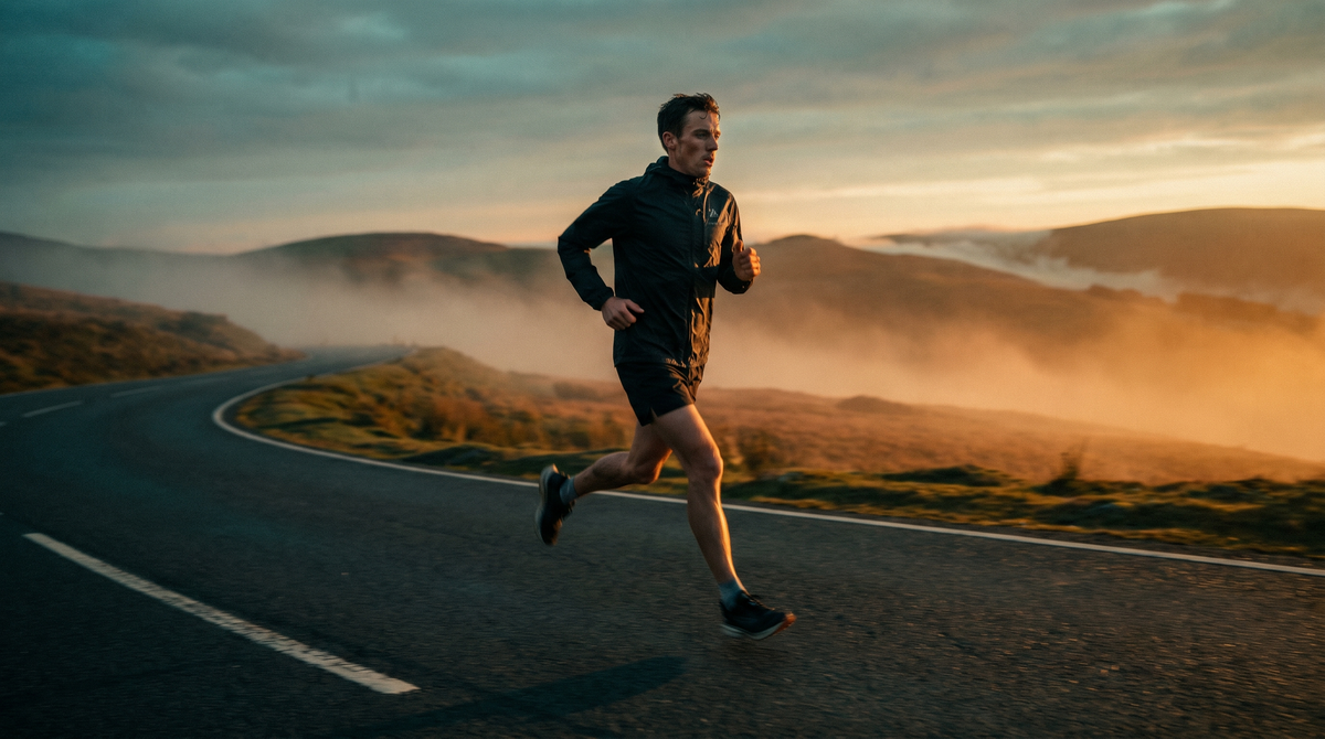 Corredor al amanecer en una ruta de montaña, respiración nasal al correr