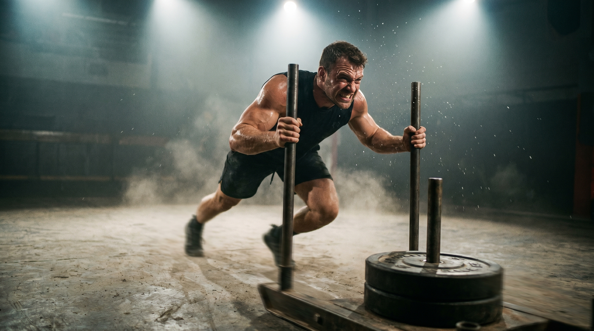 Atleta empujando un sled en competencia de Hyrox