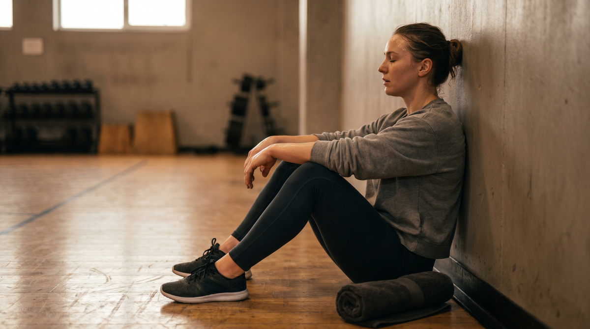 Atleta recuperando sentado en el gimnasio tras entrenar