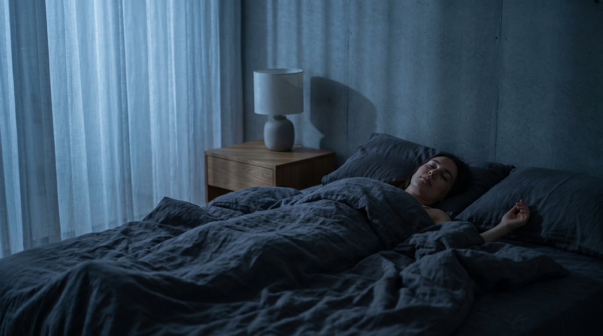 Persona durmiendo tranquila bajo luz azul de luna
