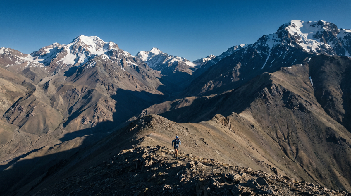 Trail runner en una cumbre con la cordillera de los Andes