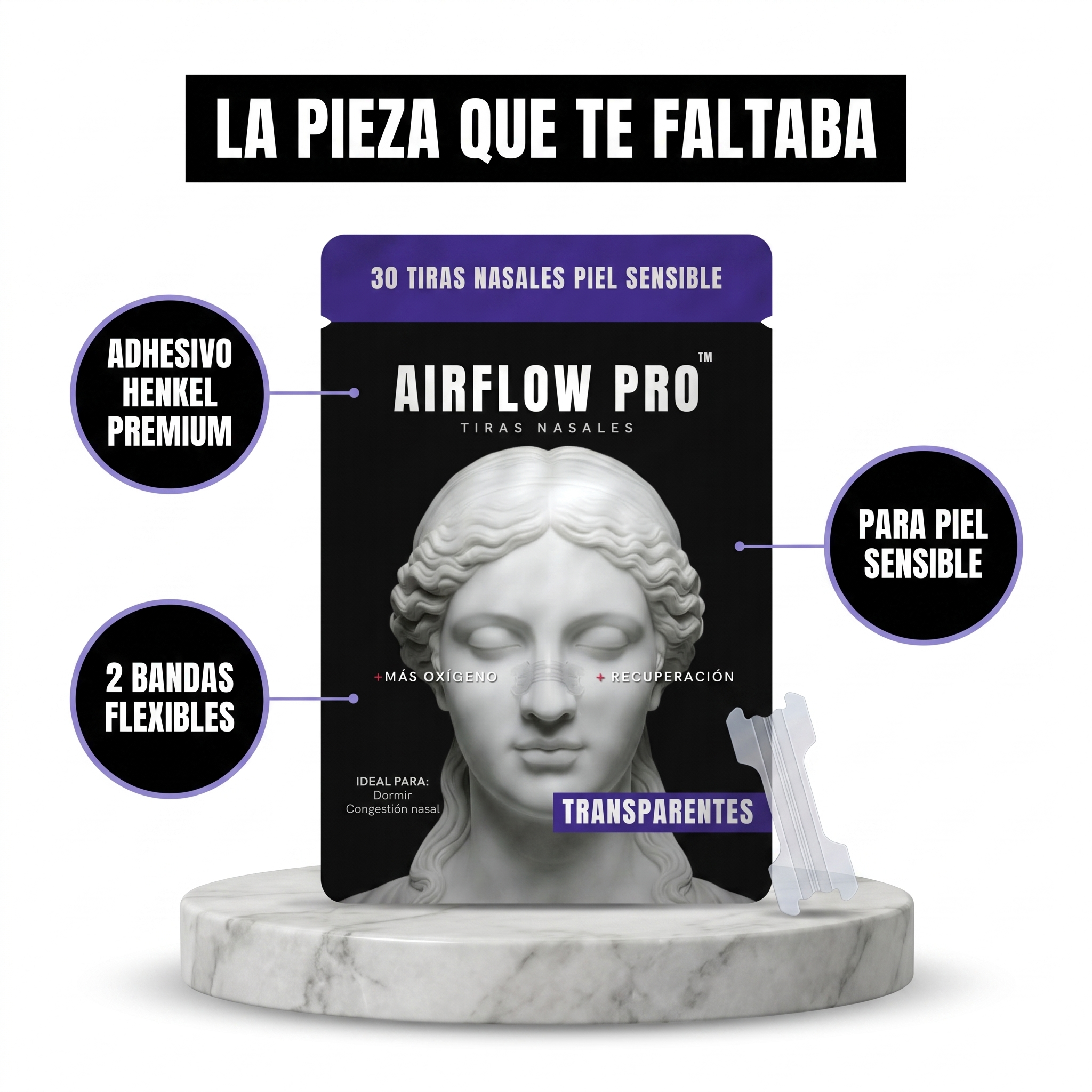 Tiras Nasales AirFlow Pro · Color Transparente — Pack 30 unidades