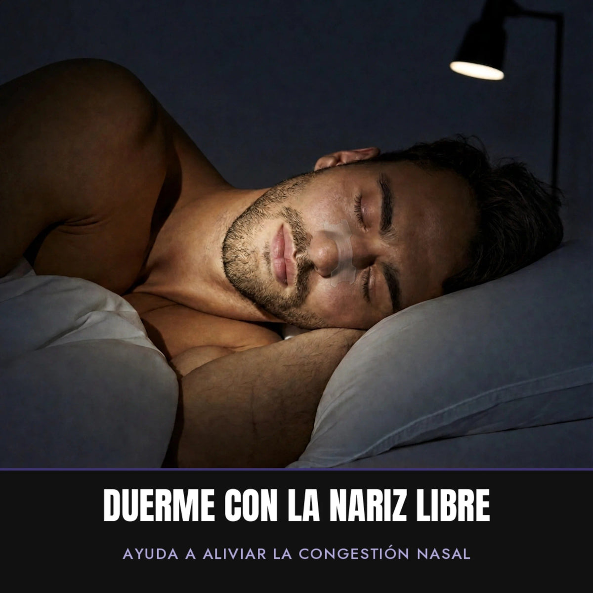 Hombre durmiendo con tira nasal AirFlow Pro Transparente piel sensible: duerme con la nariz libre, ayuda a aliviar la congestion nasal.